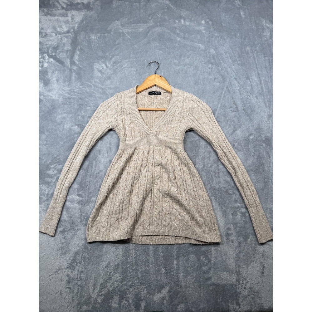 SHEIN Babydoll Sweater Womens Medium Beige Cable Knit Empire Waist V Neck Winter